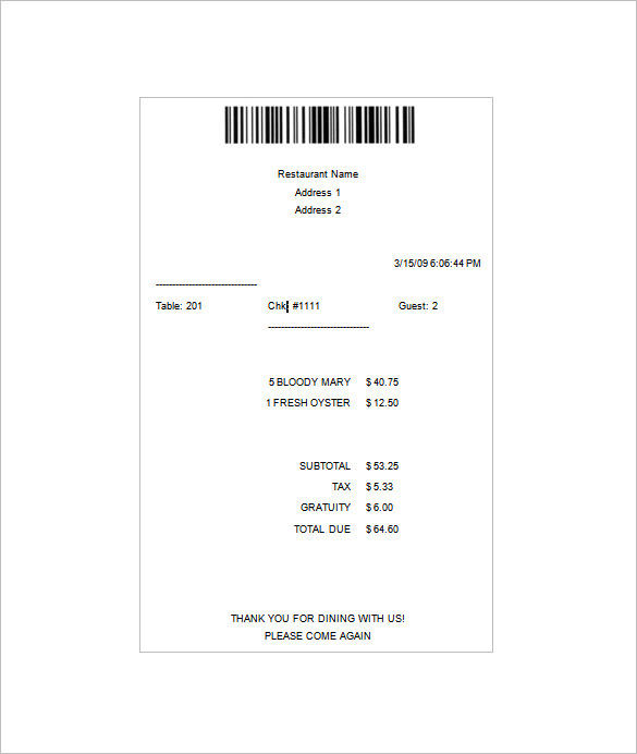 Restaurant Receipt Template 12+ Free Sample, Example, Format 