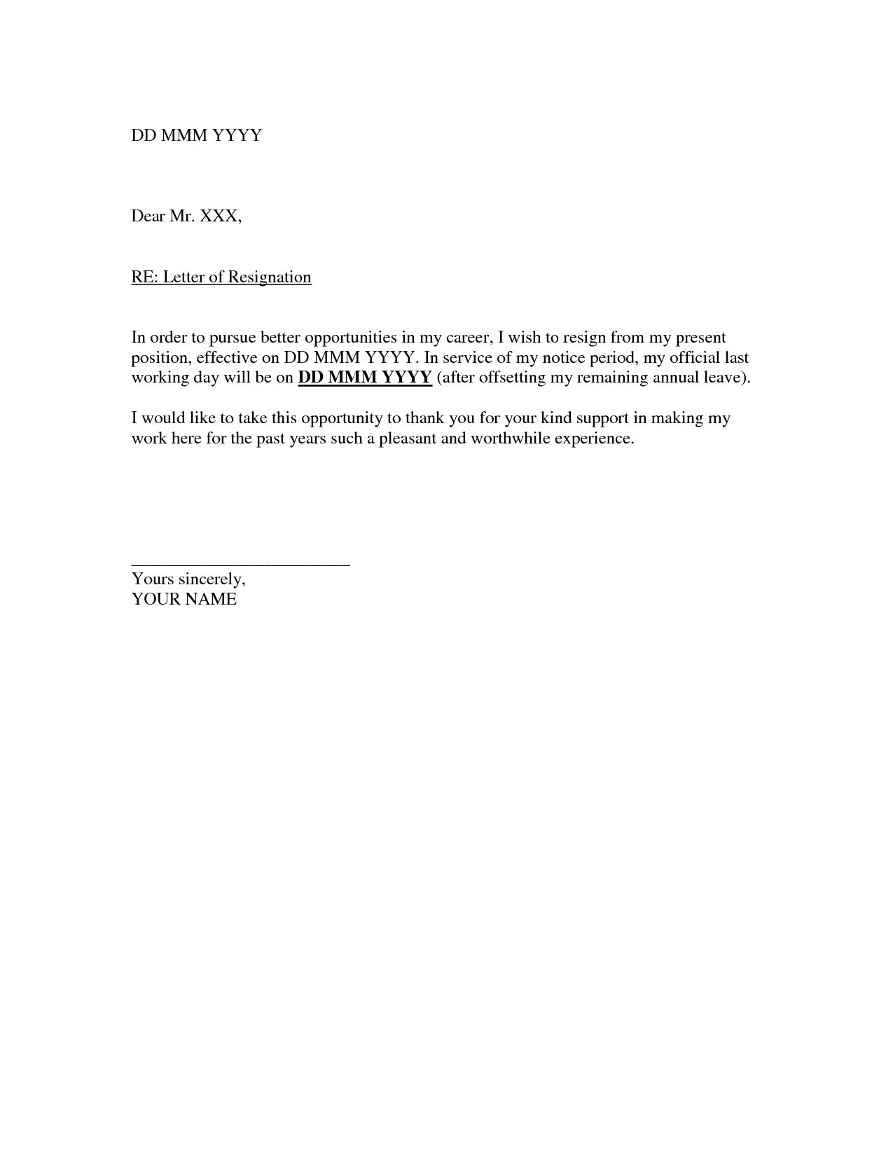 Short Notice Resignation Letter Sample Resignation Letter Template 