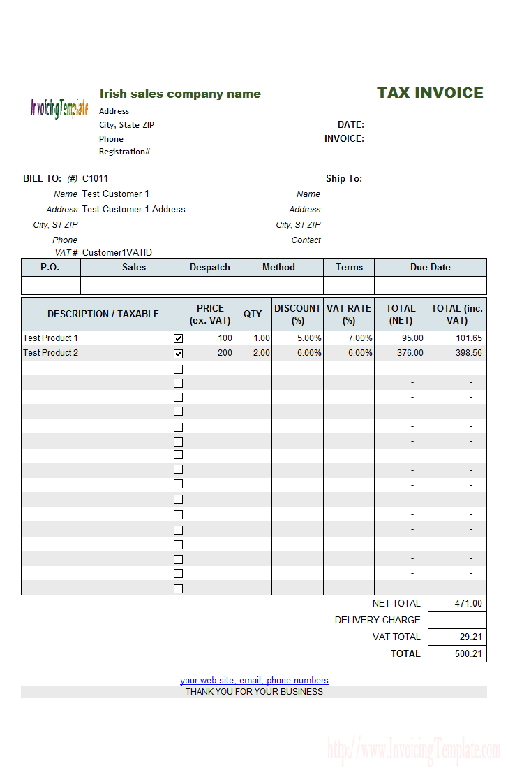 Irish Sales VAT Invoice Template