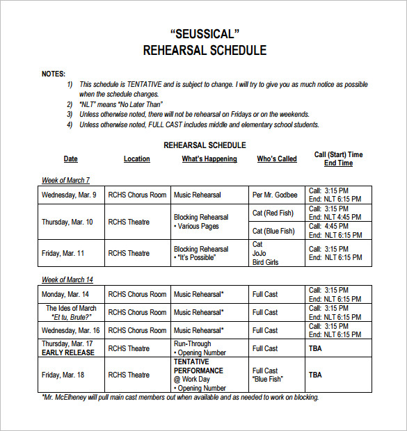 Rehearsal Schedule Template