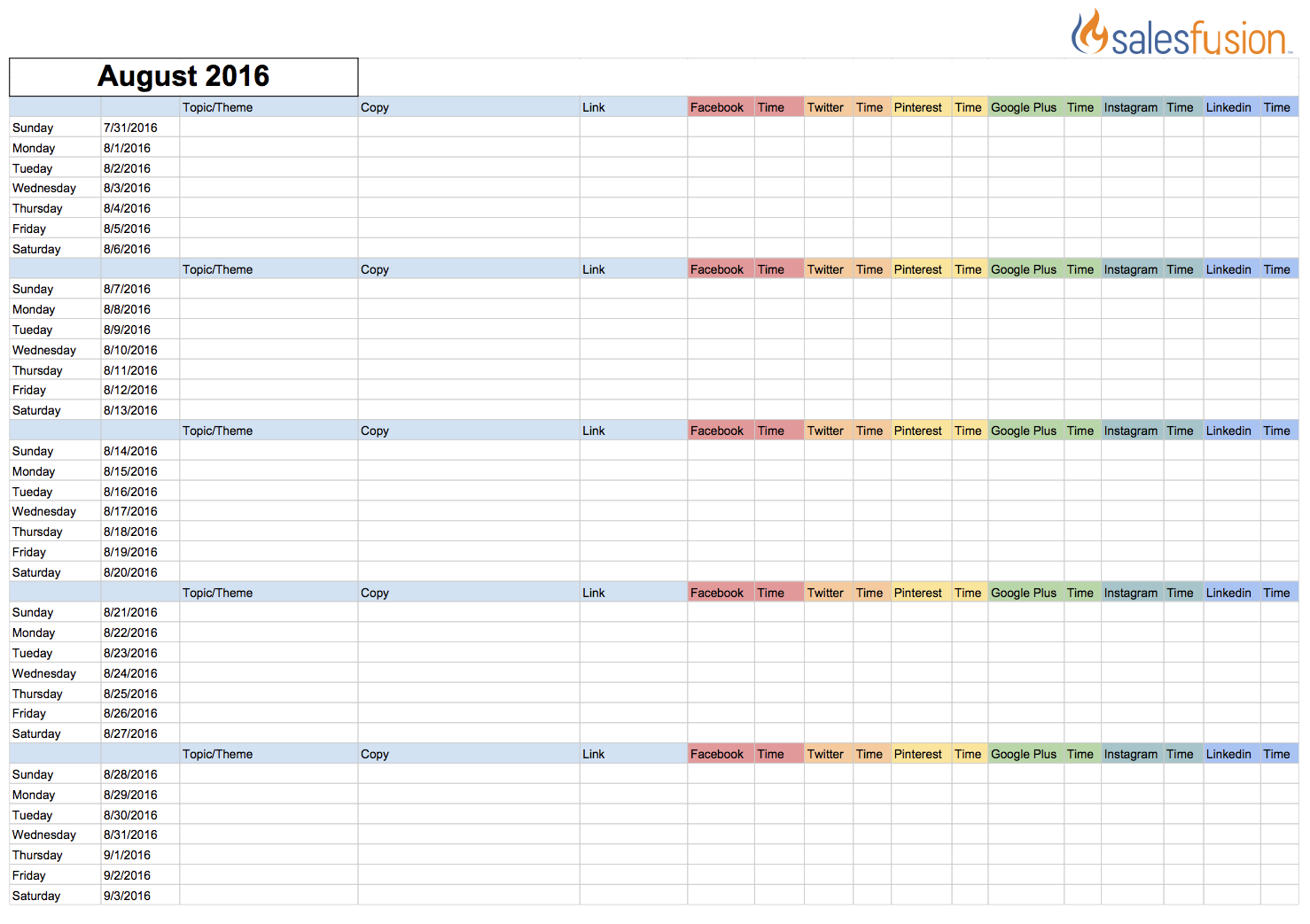 Social Media Content Calendar Template | Salesfusion