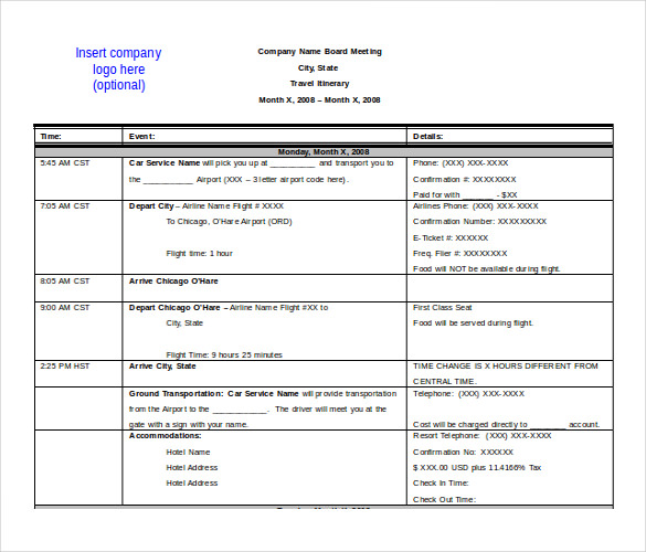 Travel Itinerary Template Word 2010 Printable Receipt Template