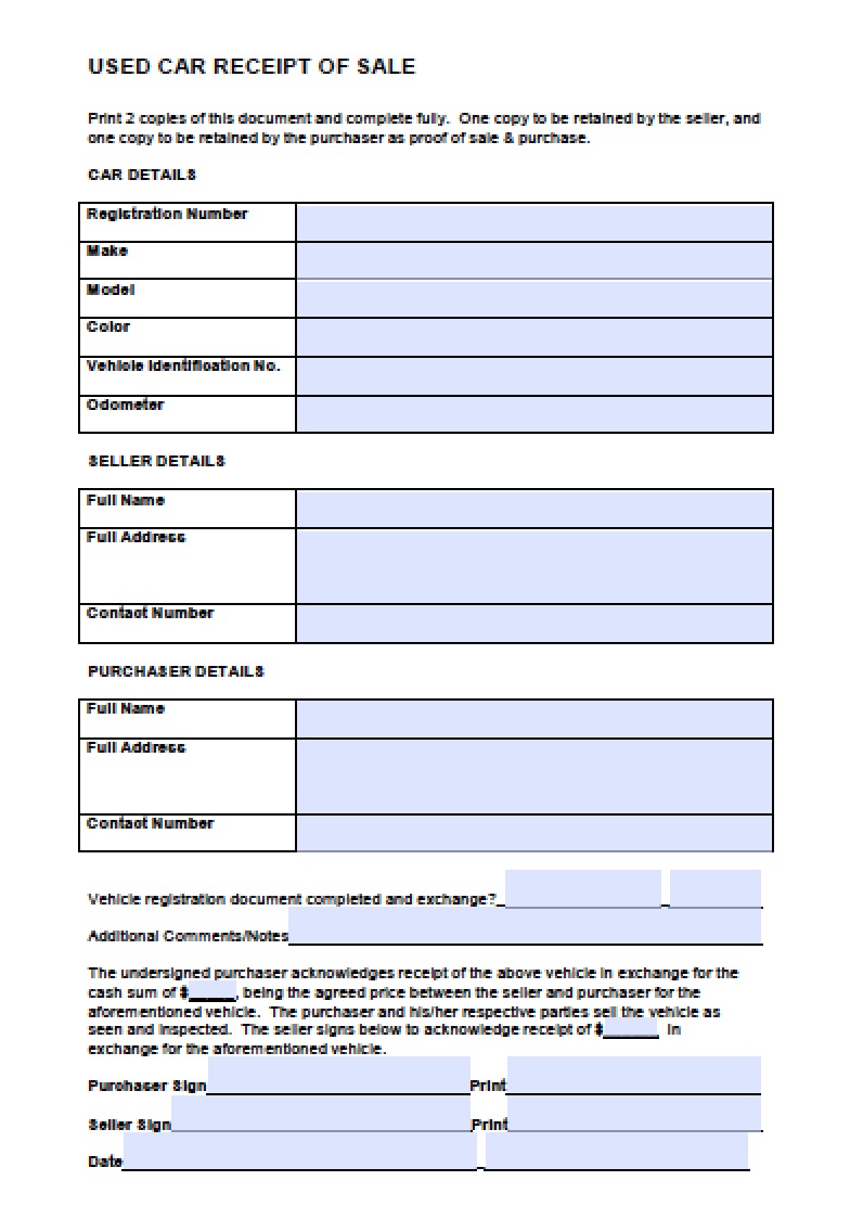 Used Car Receipt Template Word Excel Formats Used Car Receipt Template Word Excel Formats