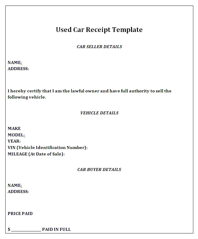 private car sale receipt template