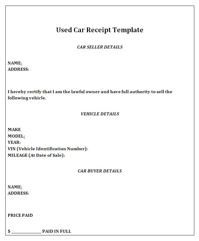 Private Car Sale Receipt Template Free Template Examples