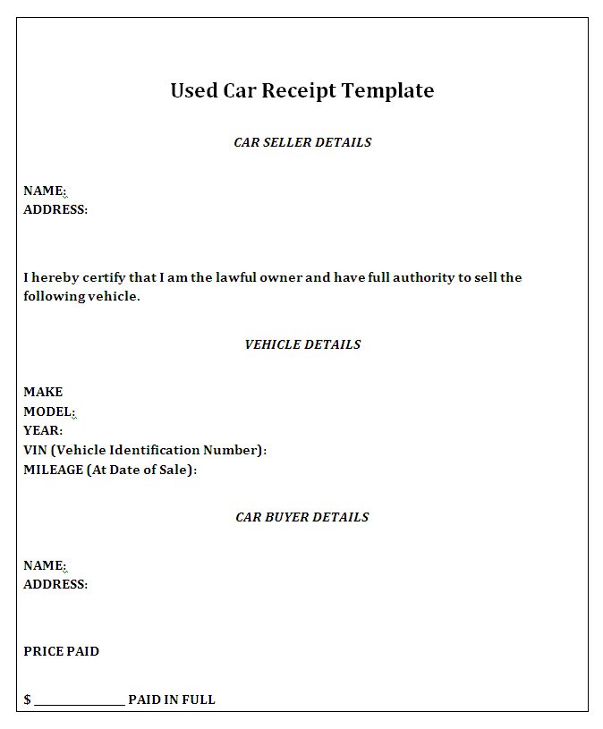 Free printable receipt for car sale