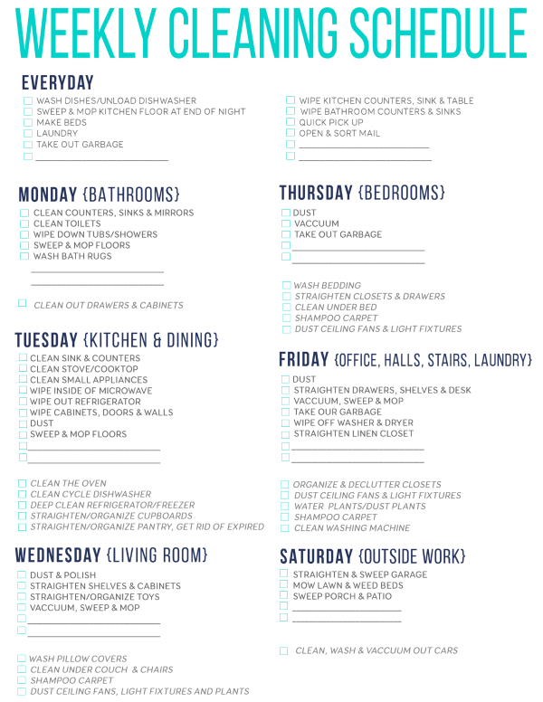 Weekly Cleaning Schedule Pdf printable receipt template