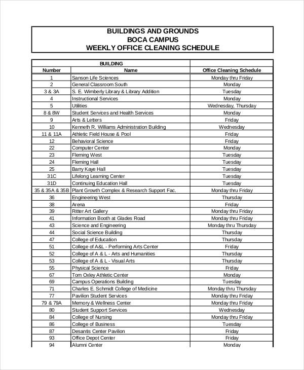 Cleaning Schedule Chart