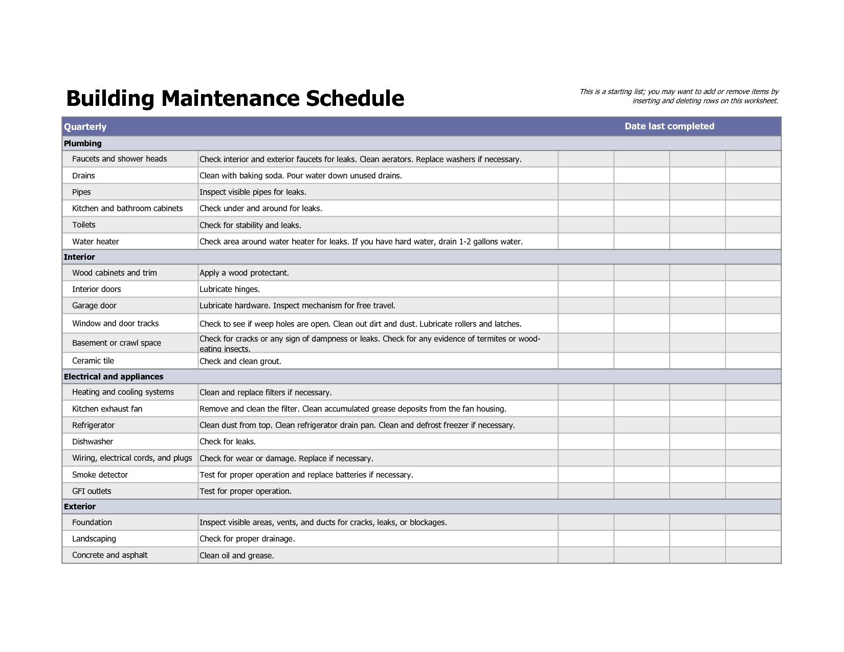 Building Maintenance Schedule Excel Template - printable ...