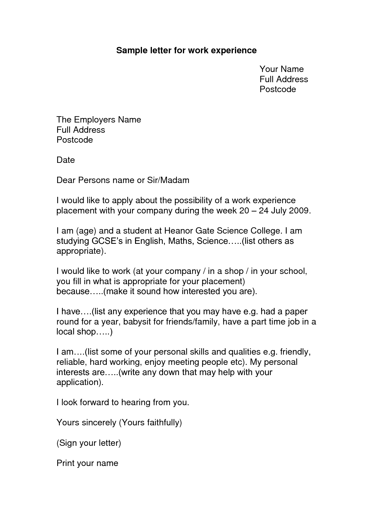 cover letter examples for work placement