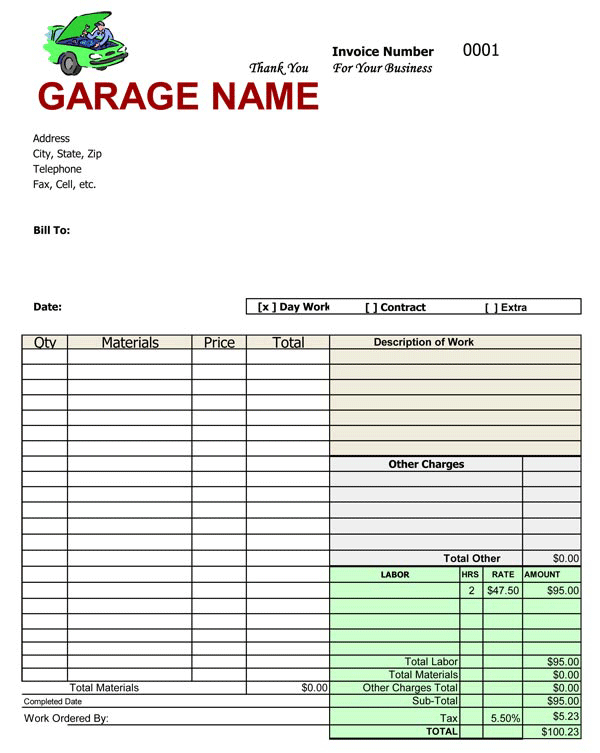 Garage Receipt Template - printable receipt template