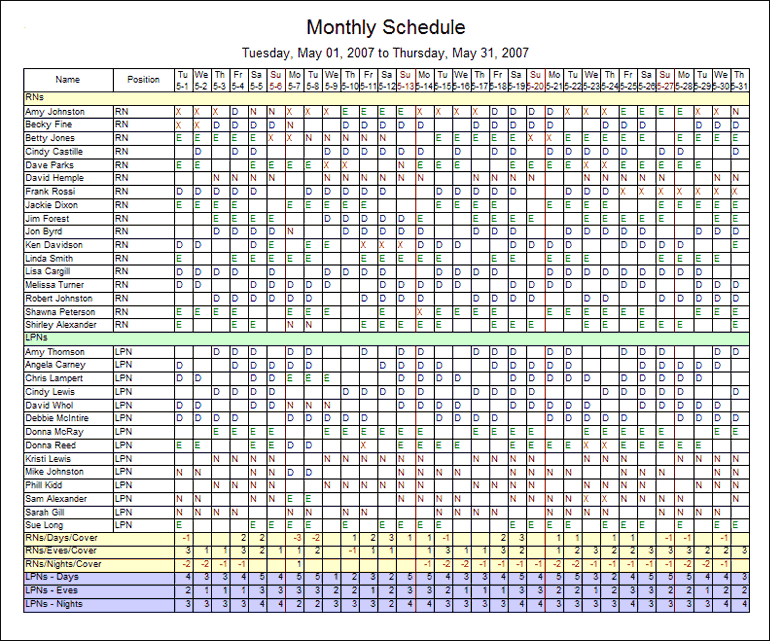 Monthly Employee Schedule Template Excel printable