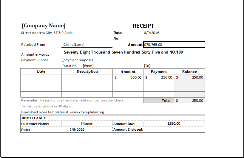 Payment Receipt Template Excel - printable receipt template