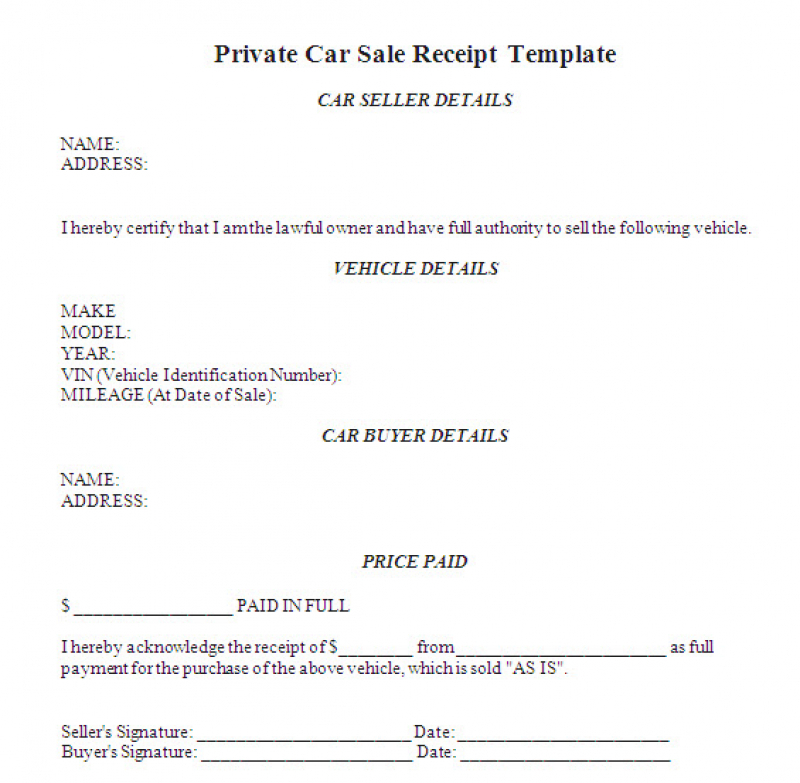 Free Vehicle Private Sale Receipt Template Pdf Word Used Car Sales 